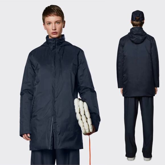 RAINS Unisex Navy Padded Nylon Hooded Water Resistant Coat Sz L NWT - Picture 1 of 14
